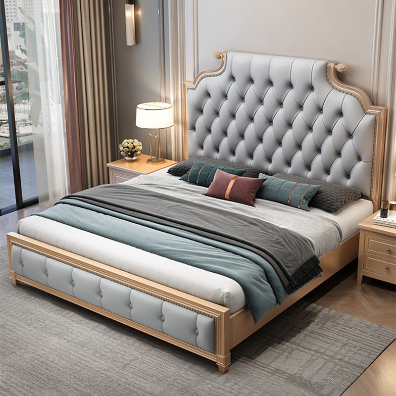 Glam wood Bed Frame Tufted Faux Leather Standard Bed with Headboard