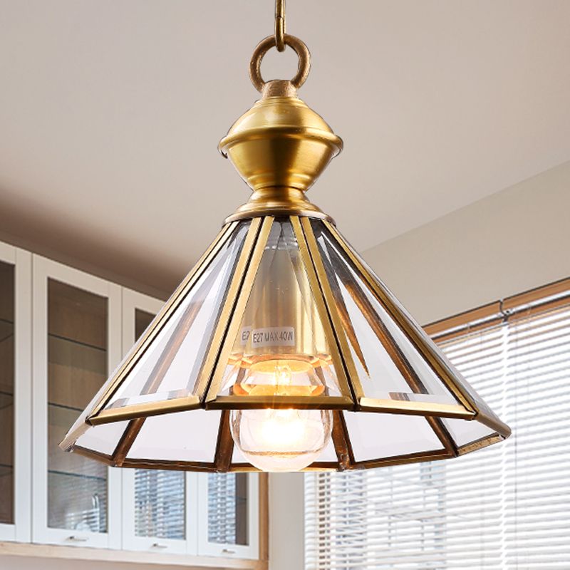 1 Bulb Hanging Ceiling Light Traditional Living Room Suspension Pendant Lamp with Cone Clear Glass Shade