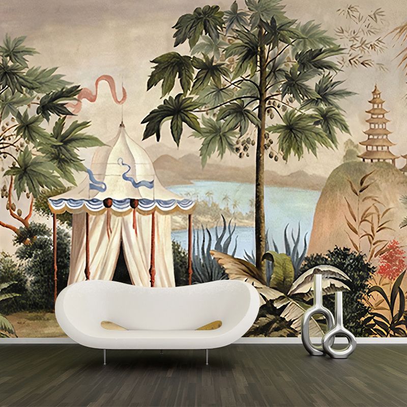 Green and White Jungle Wall Murals Moisture Resistant Wall Covering for Drawing Room