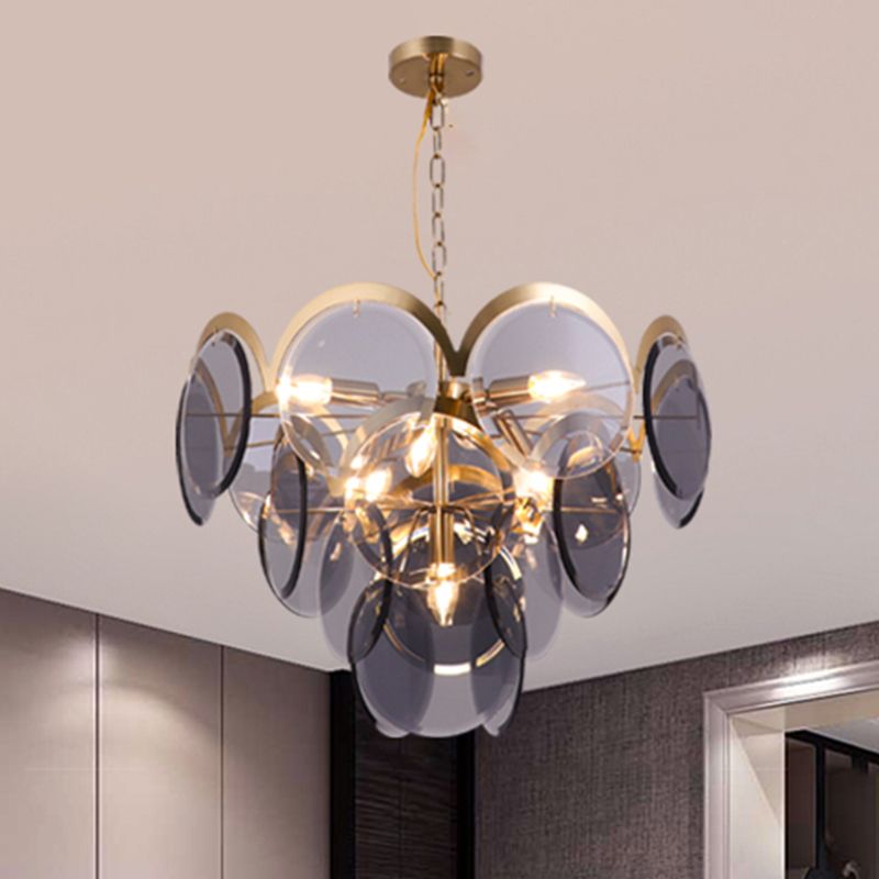 Panneau rond Pendre luminaire post moderne Smoke Grey Glass 7 Heads Heads Brass Hanging Chandelier