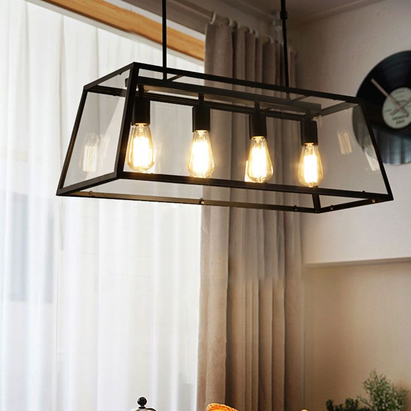 Industrial Metal Island Light Black 4 Lights Island Pendant with Glass for Dining Room