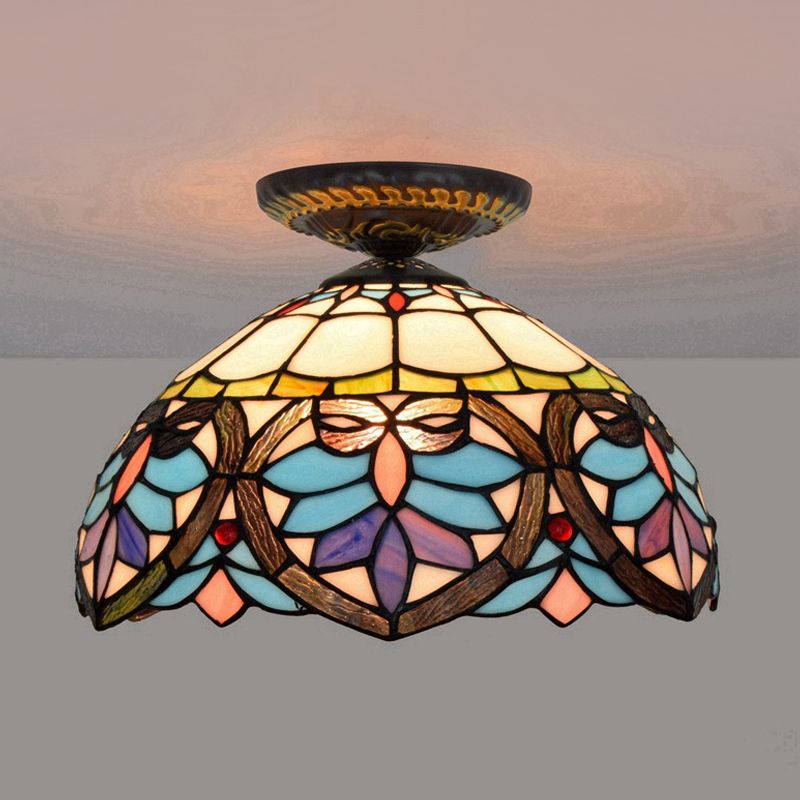 Plafonnier à 1 lumière de 8,5 po/12 po de largeur, luminaire de plafond en verre taillé à motifs de fleurs victoriennes en laiton avec abat-jour globe/dôme