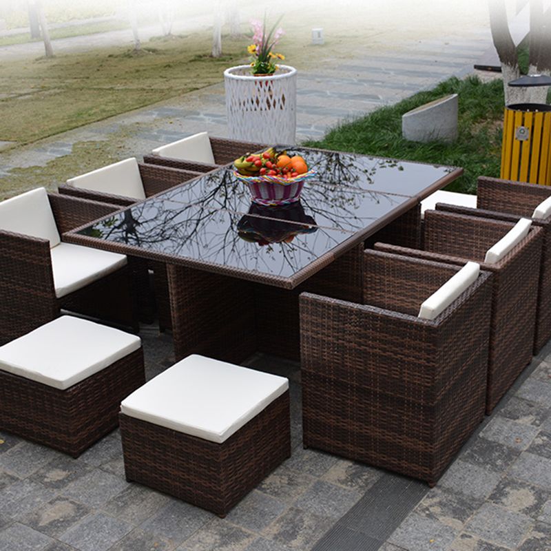 Rattan Dining Table Set with Black Tempered Glass Table for Courtyard