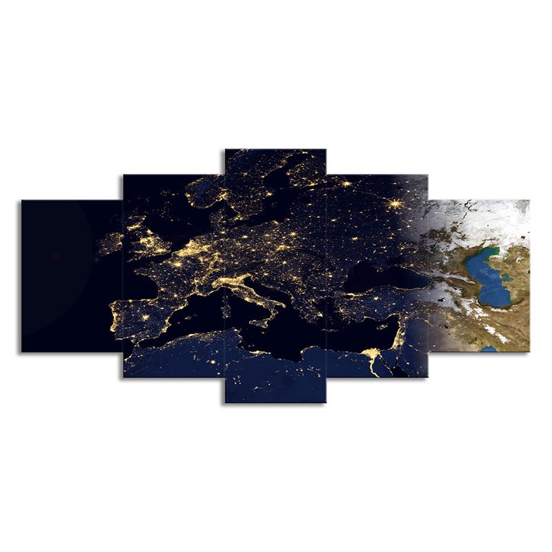 Gold World Map Canvas Print Multi-Piece Contemporary House Interior Wall Art on Black