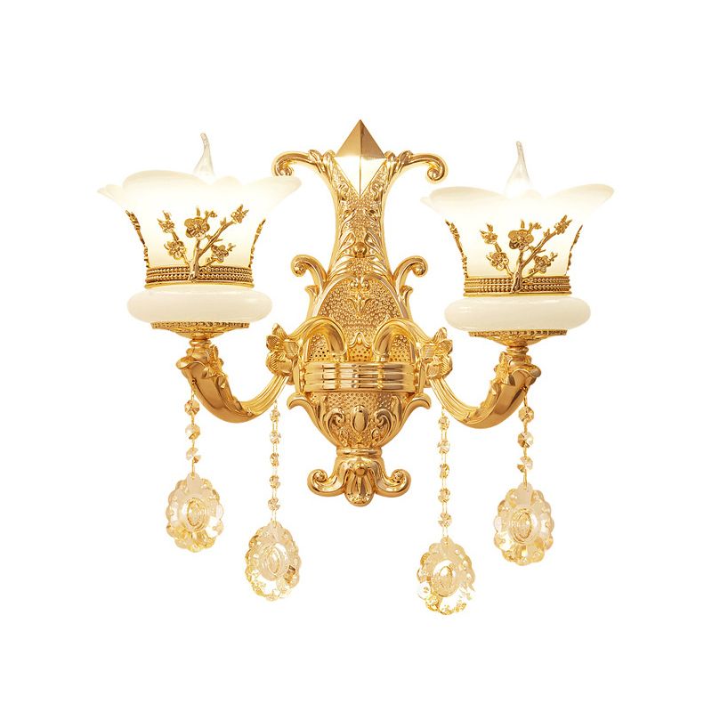 Imitation Jade Gold Wall Mount Light Bud Traditional Wall Light Fixture with Crystal Draping