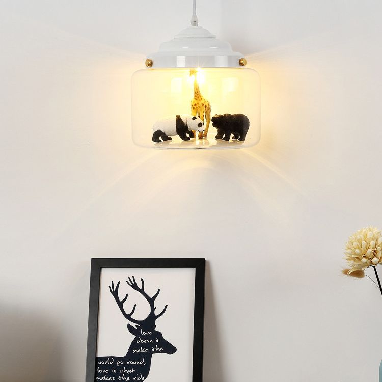 Suspension en verre transparent cylindrique en verre transparent des animaux de dessin animé moderne lampe pour la chambre à coucher pour les enfants (les animaux sont expédiés au hasard)