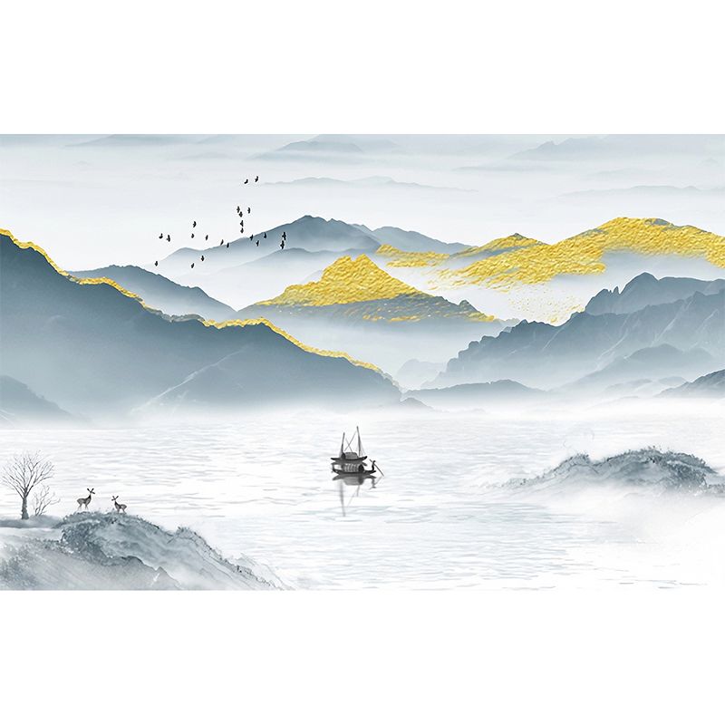 Vintage Mountain and River Mural for Accent Wall, Extra Large Wall Covering in Blue and Grey