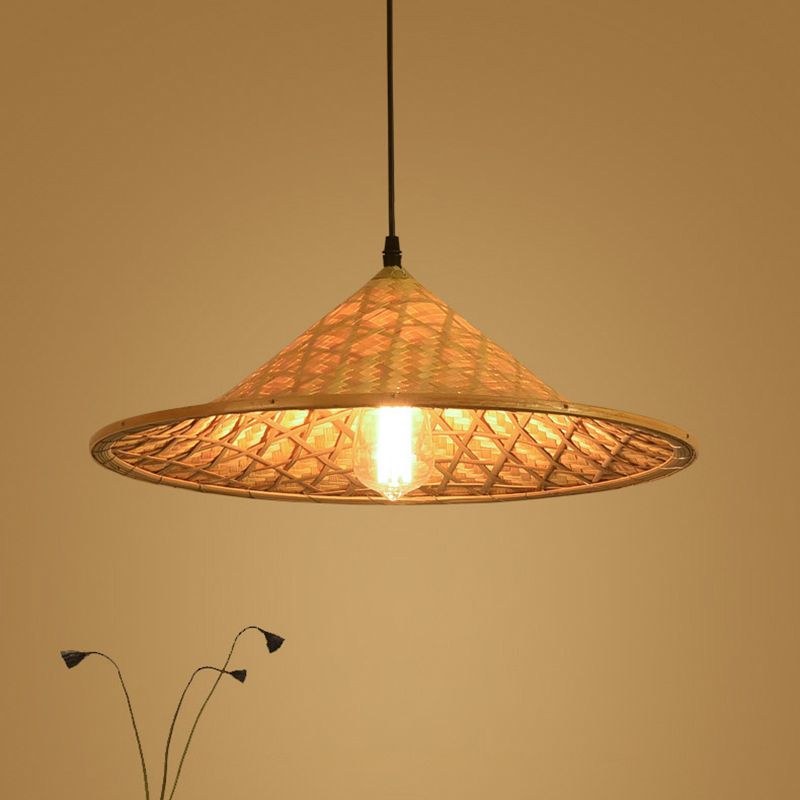 Wood Straw Hat Suspension Light Simplicity 1-Light Bamboo Pendant Lighting Fixture