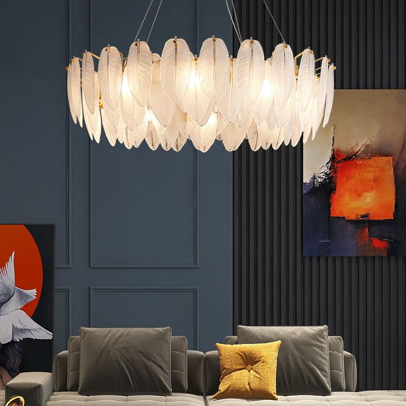 Lampadario di piume di piume di vetro bianco testurato illuminazione sospensione per la camera da letto