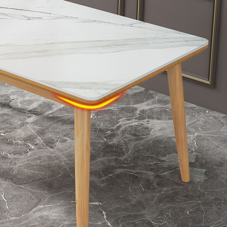 Modern White Rectangle Stone Dining Table with 4 Wooden Foot