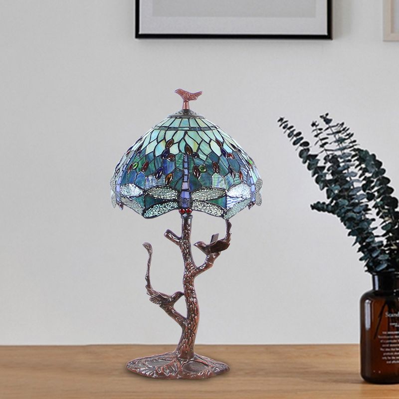 Lampada da comodino vittoriana a 1 testa in vetro colorato con libellula, lampada da comodino da caffè con paralume a cupola e decorazioni per uccelli