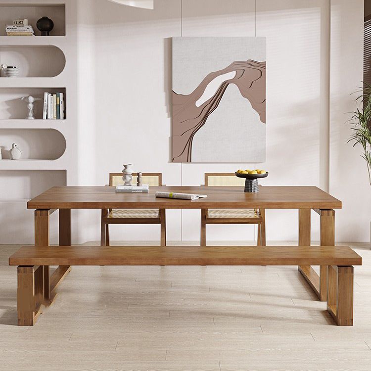 Brown Solid Wood Dining Table Modern Rectangular Furniture with Double Pedestal Base