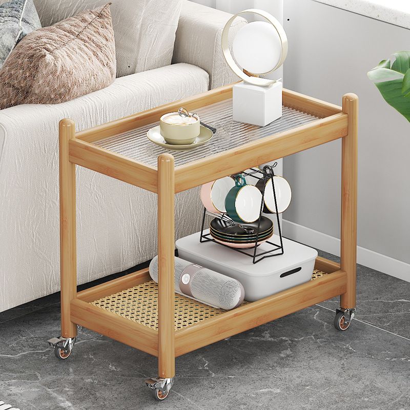 Modern Rectangular Glass Top End Table Wood Base Side Table with Shelf and Wheel