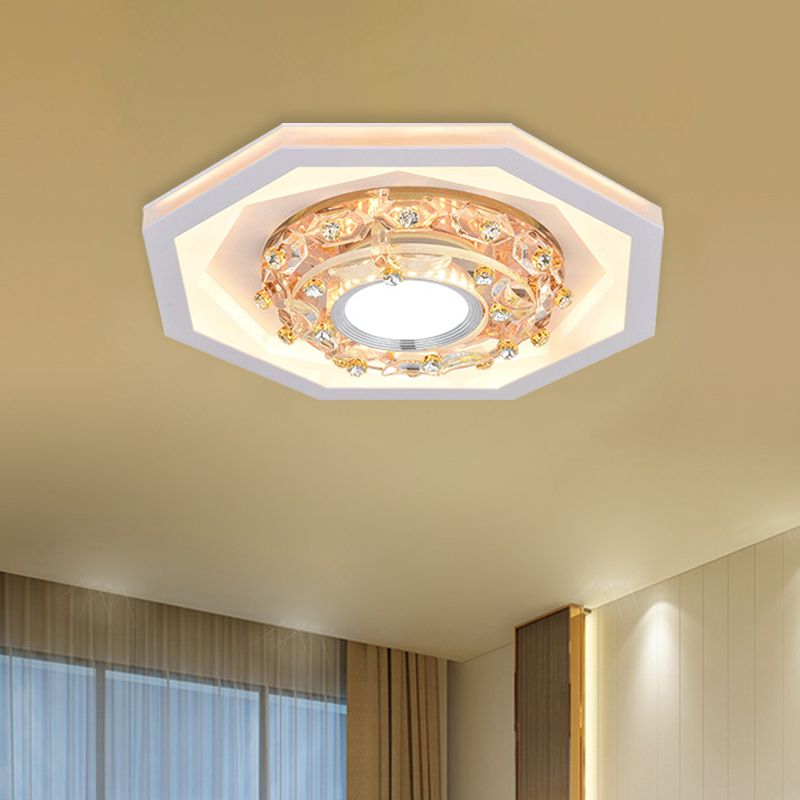 Octagon Small Foyer Ceiling Fixture Simple Acrylic White LED Flush Mount Lighting with Inserted Crystal