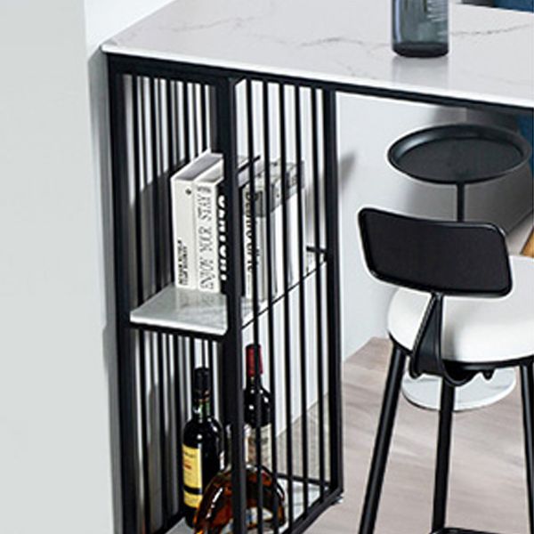 Glam White Faux Marble Pub Bar Table Iron Double Pedestal Bar Dining Table with 4-Shelf