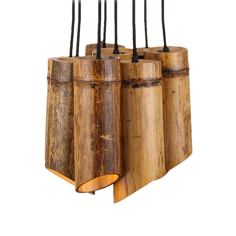 Eight-light Bamboo Hanging Lamp Antique Tube Suspension Light in Beige for Bistro Restaurant