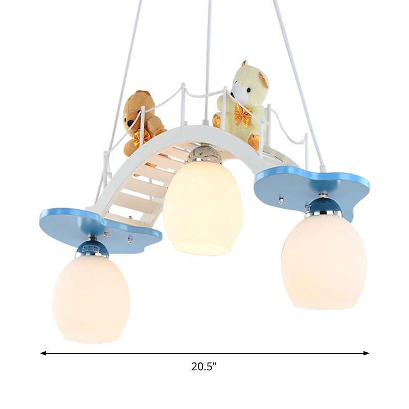 Child Bedroom Bridge Chandelier with Bear Wood 3 Lights Cartoon White Hanging Light