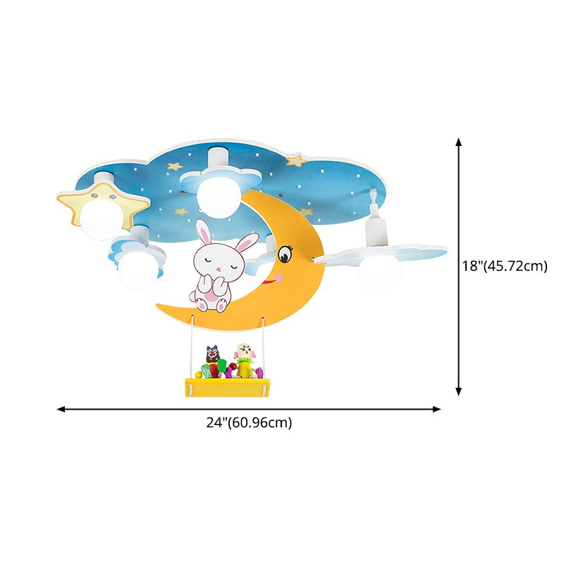 Plafonnier Blue Sky pour enfants, plafonnier en bois à 5 lumières de style créatif avec abat-jour en verre