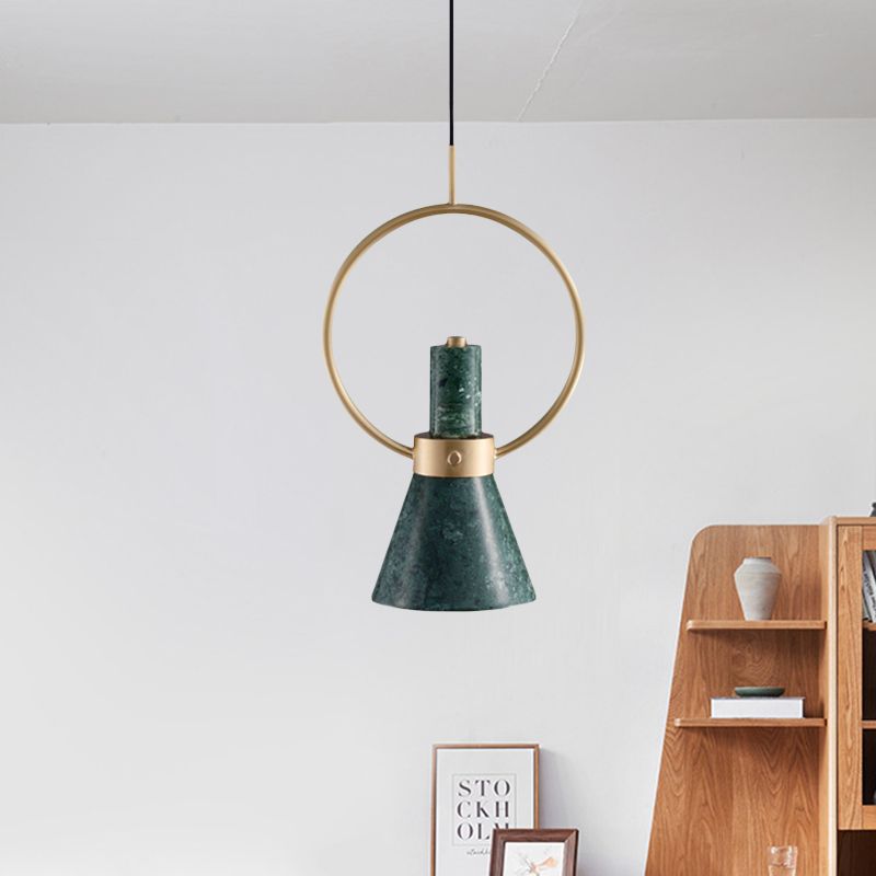 Marble Flared Pendant Light Nordic 1 Bulb Hanging Ceiling Lamp in Green with Gold Ring