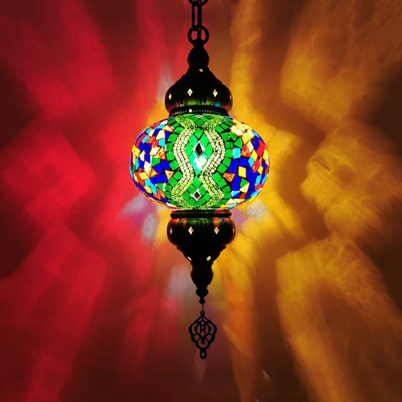 Stained Glass Red/Orange/Green Pendant Lamp Oval 1 Head Vintage Suspension Lighting