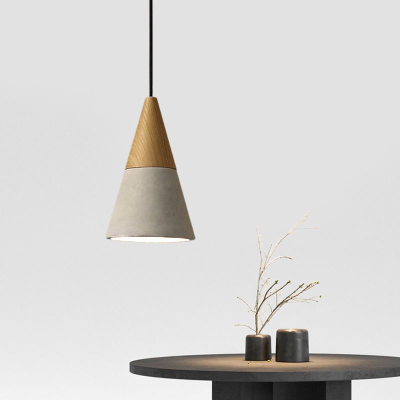 Cement Grey Hanging Light Kit Cone/Trapezoid/Can 1-Head 8.5"/10"/12" High Industrial Pendant Lamp Fixture with Wood Top