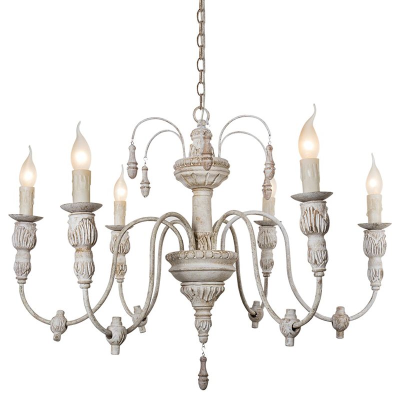 Hand Carving Aged Solid Wood Chandelier 6-light Rustic Style Candlestick Design Lighting Fixture for Coffee Shop
