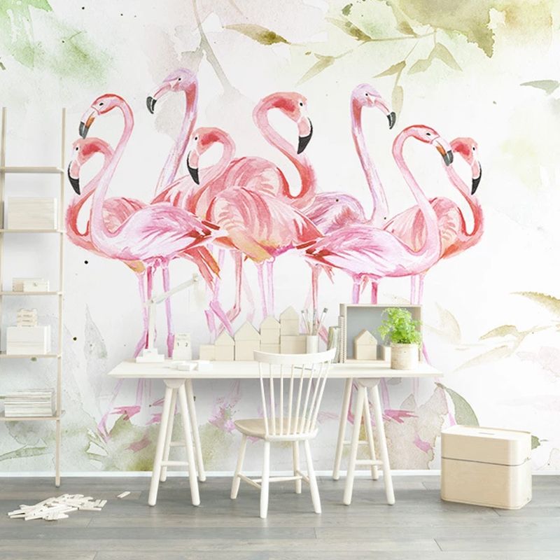Customized Illustration Fresh Mural Wallpaper for Accent Wall with Flamingo Pattern in Pink
