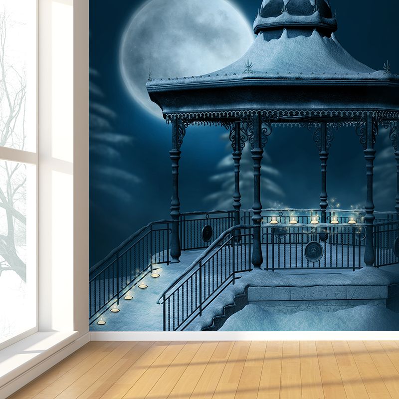 Tranquil Snowy Pavilion Mural Wallpaper for Dining Room Winter Wall Decor, Customised