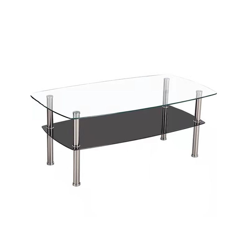 16.9" Tall Modern Stainless Steel 4 Legs Rectangular Glass Top Coffee Table with Shelf