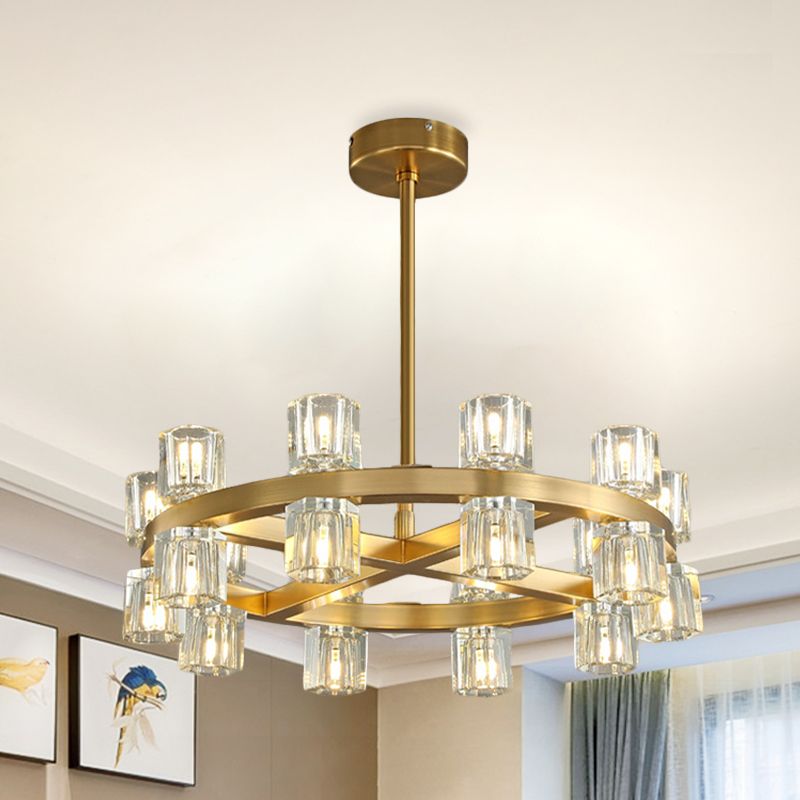 Brass Crossed Circle Chandelier Postmodern Crystal Prism 20-Light Bedroom Suspension Light