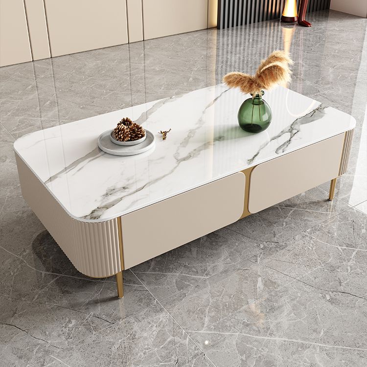 2 Drawers Rectangular Slate Top Coffee Table 4 Legs Cocktail Table