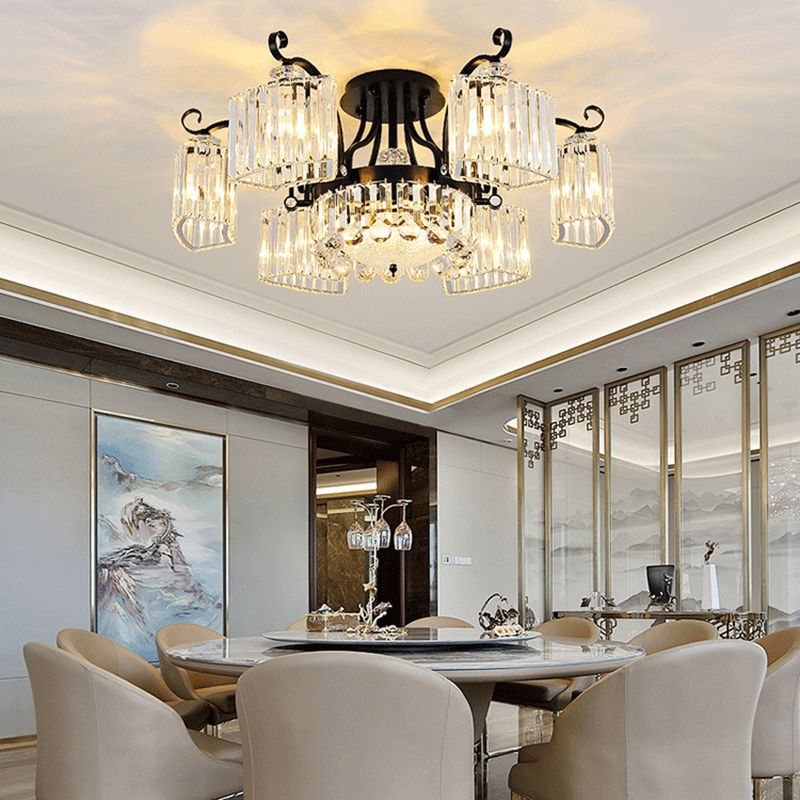 Crystal Prism Semi Flush Light Vintage Black Round Living Room Massimale Montato Lampada