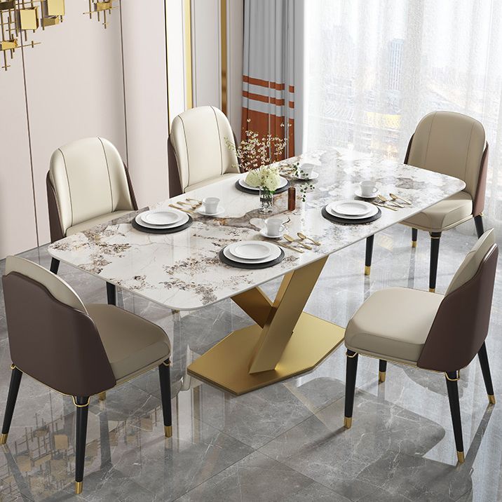 Luxury Sintered Stone Top Table Rectangle Indoor Table with Gold Pedestal
