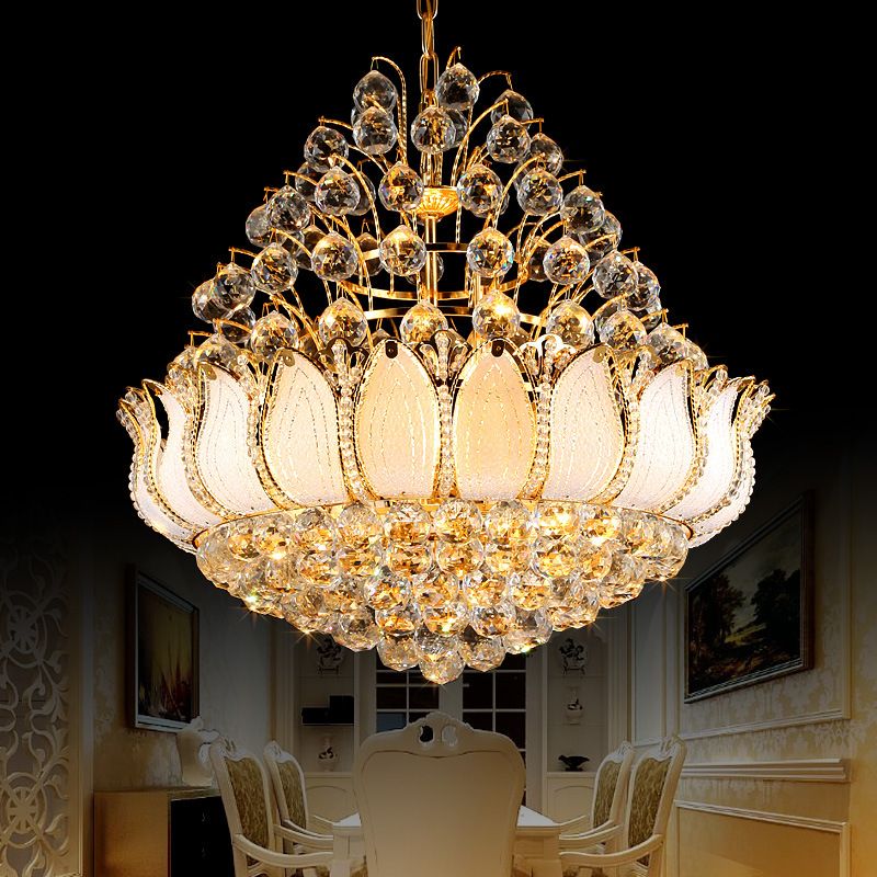 Gold Lotus Hanging Light Contemporary 9/11 Lights Faceted Crystal Ball Chandelier Light Fixture, 18.5"/23.5" Wide