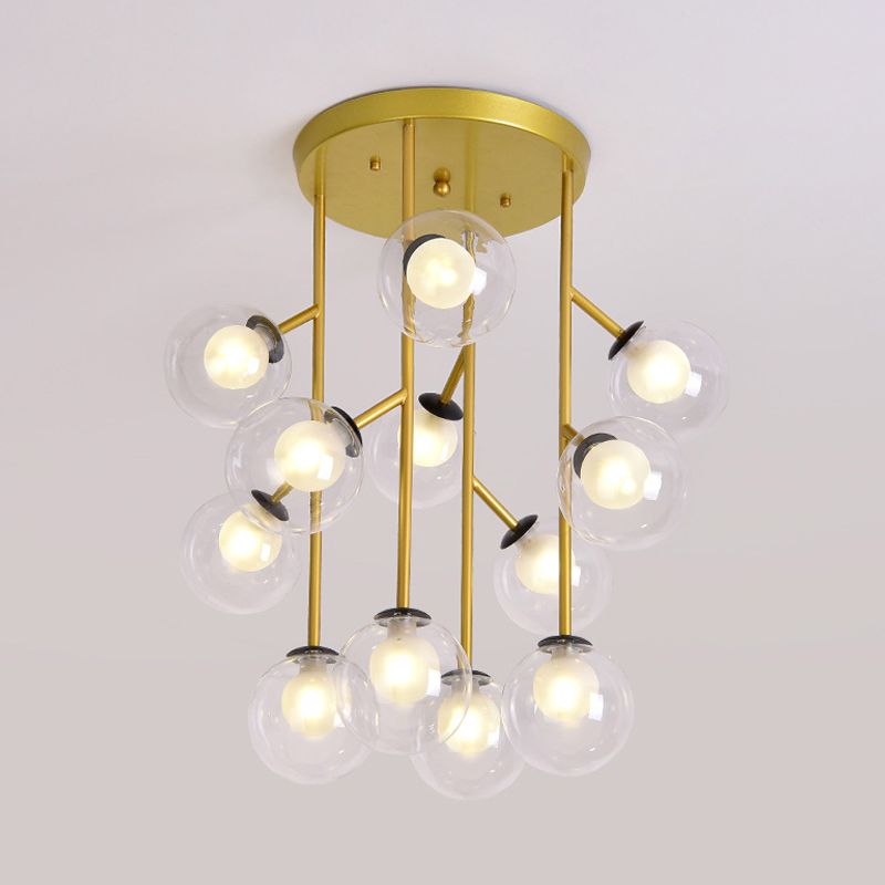 Ball Semi Mount Lighting Modern Clear Glass 9/12 Heads Living Room Close to Ceiling Lamp in Black/Gold