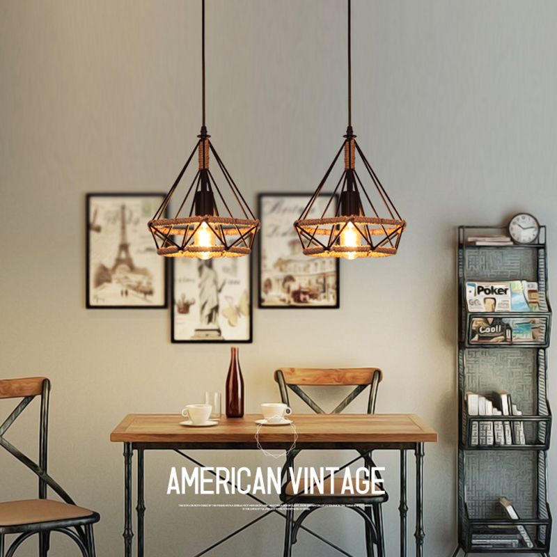 Black Rope Geometric Cage Ceiling Light Industrial Loft Hanging Light for Dining Room