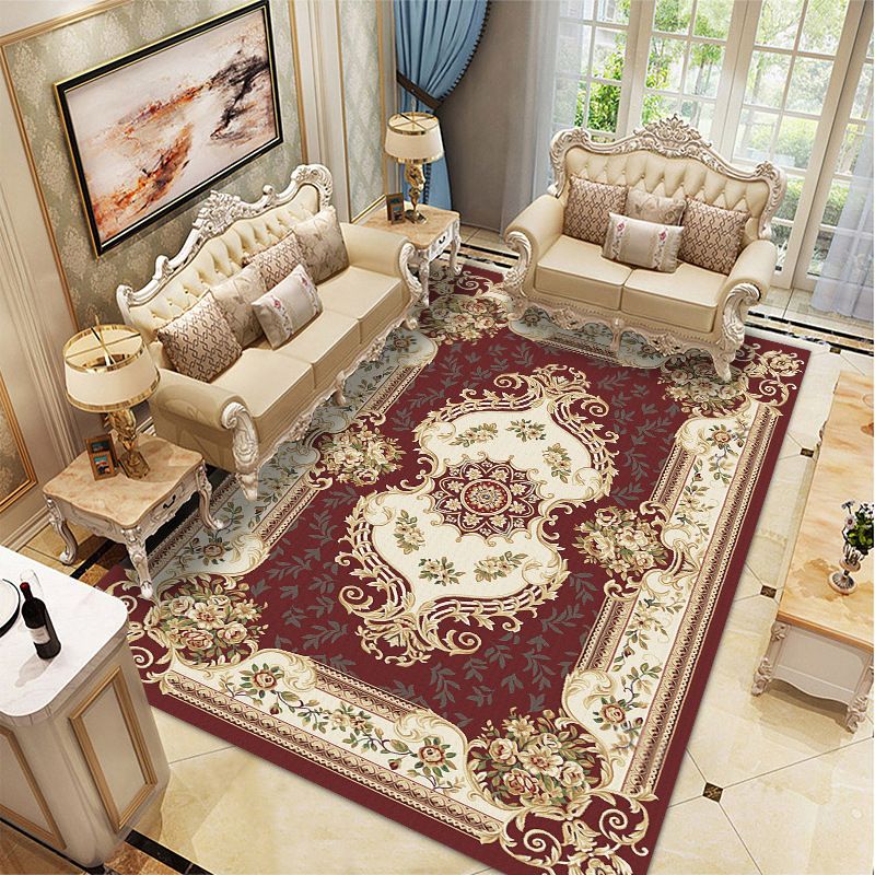 Wine Red Vintage Rug Polyester Medallion Rug Washable Rug for Drawing Room
