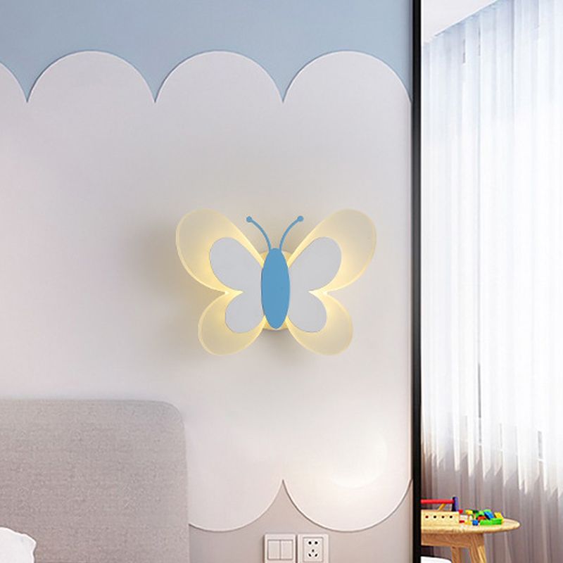 Butterfly LED Sconce Lamp Cartoon Acrylic Pink/White/Blue LED Wall Lighting Fixture in Warm/White Light for Kindergarten