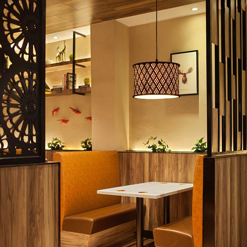 Dark Brown Woven Suspension Pendant Contemporary 1 Bulb Bamboo Hanging Light Kit