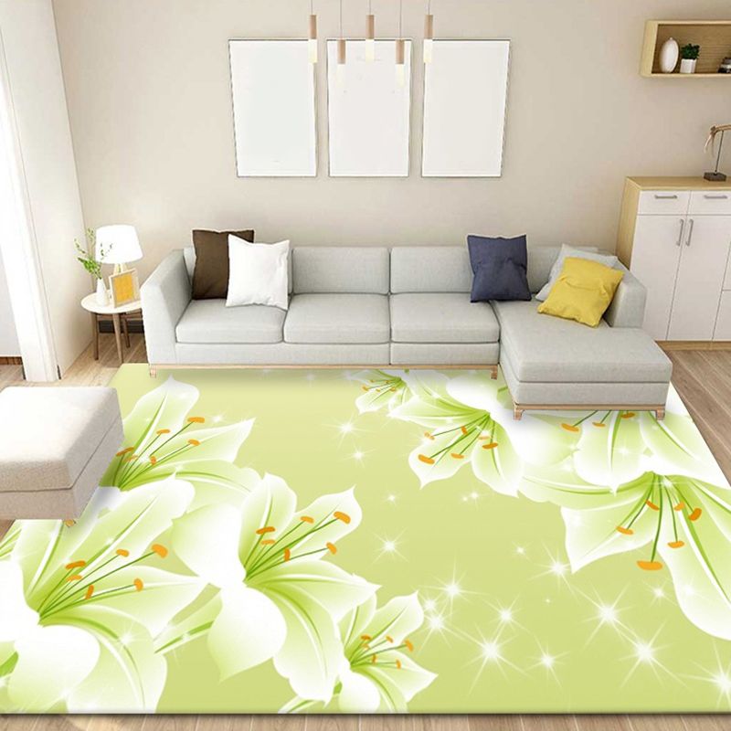 Green Modern Rug Flowers Polyester Indoor Rug Stain Resistant Rug for Living Room