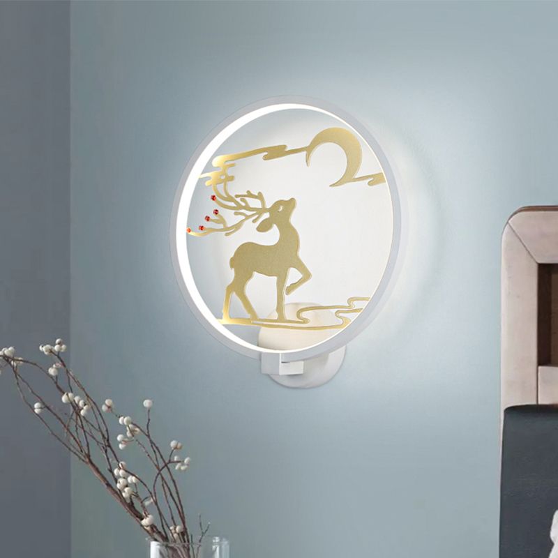 Modernism Style Round Metal Wall Lighting LED Wall Mural Light in Black/White with Elk Deer Pattern, Warm/White Light