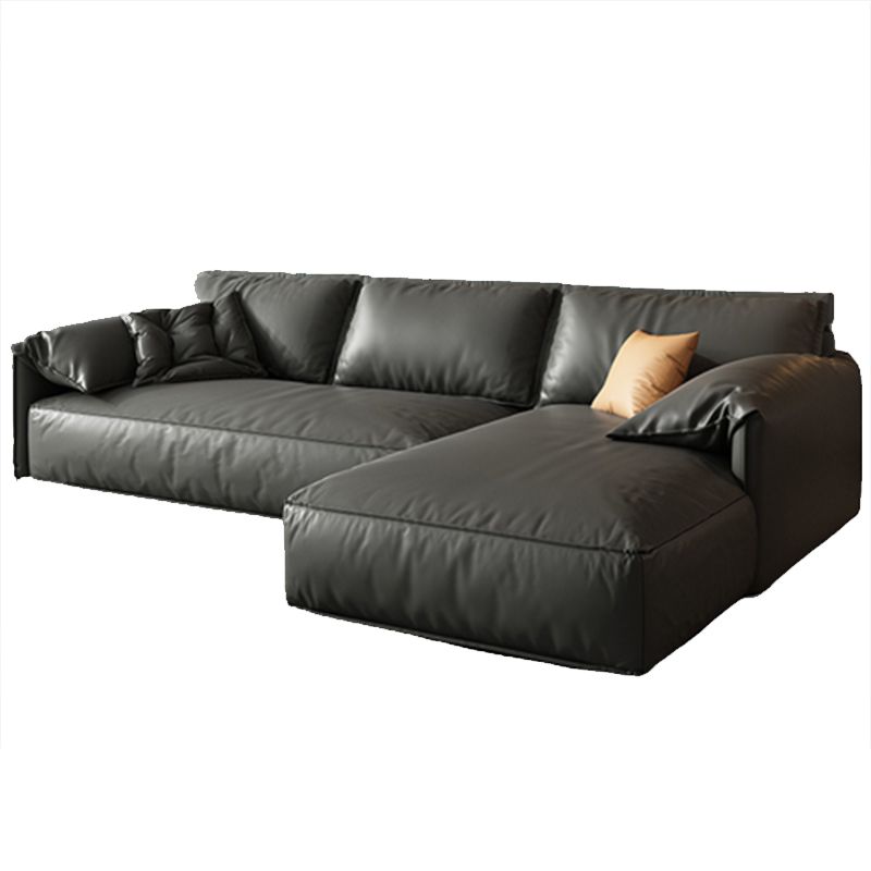 Black Genuine Leather Cushion Back Sectionals 70" Wood Stationary Sectionals