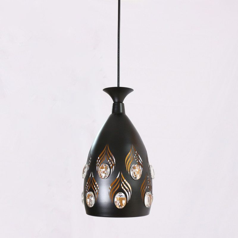 Cup Shaped Metal Cluster Pendant Light Artistic 3 Heads Black Hollowed-out Ceiling Lamp with Inserted Crystals
