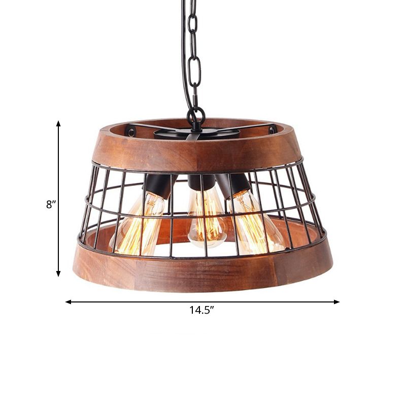 3 Lights Drum Ceiling Pendant Vintage Wood Metal Chandelier Lighting with Cage