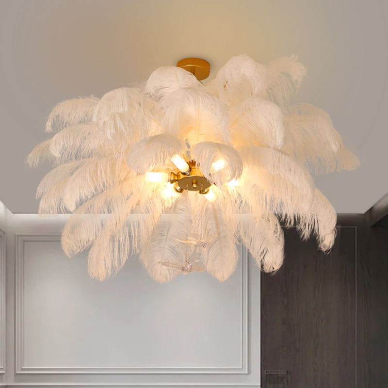 Shaded Ceiling Chandelier Simplistic Feather White Chandelier Light Fixture for Living Room