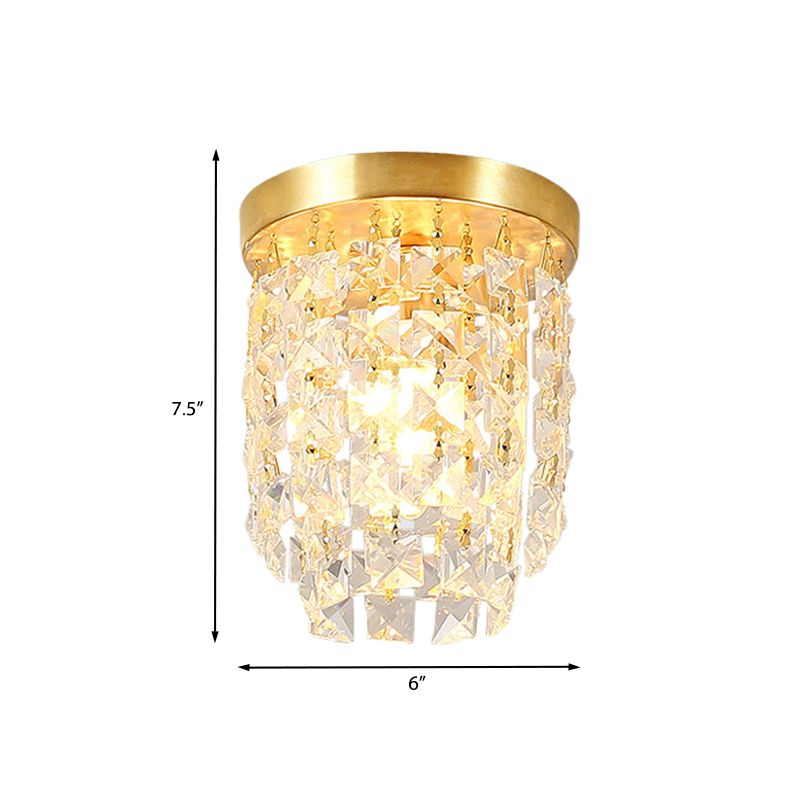 Plafonnier à 1 lumière pour couloir, luminaire simple en laiton avec abat-jour cylindrique en cristal transparent