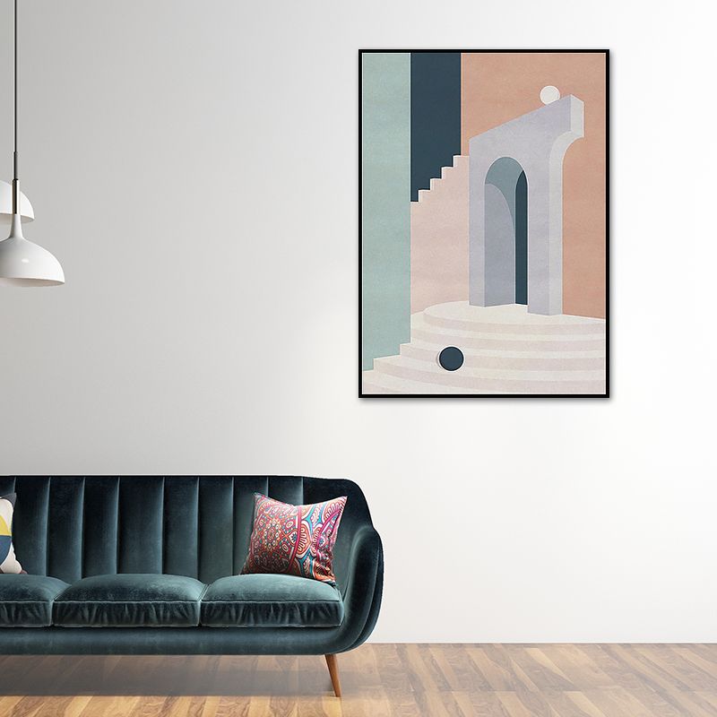 Illustration Architecture Canvas Wall Art for Living Room, Pastel Color, Textured