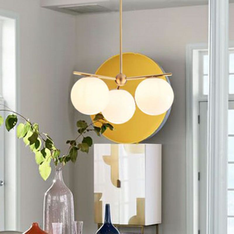 Minimalistic 3 Heads Chandelier Gold Ball Suspension Light with Cream Glass Shade
