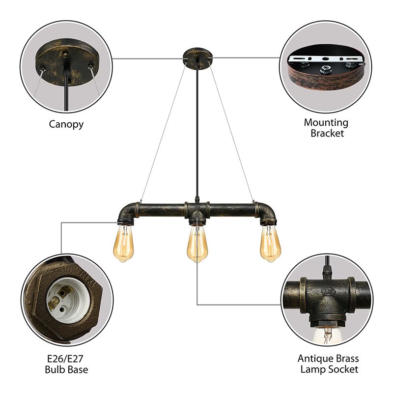 Aged Brass Pipe Ceiling Light Fixture with Open Bulb Antique Style Iron 3 Lights Indoor Island Pendant Light