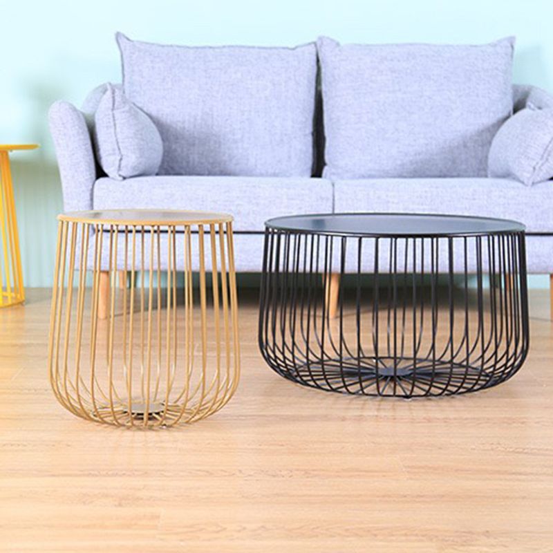 Mid-century Modern Round Iron Coffee Table, Brass/Black Frame Cocktail Table with Storage